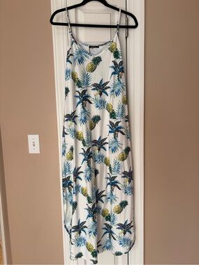 Tropical Pineapple Slip Dress — White with Blue & Yellow Print